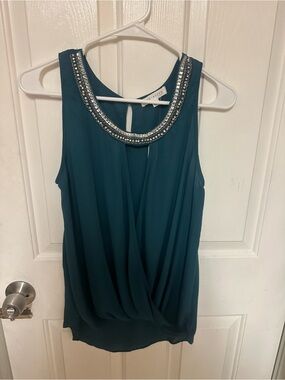 NORDSTROM New Embellished Jeweled Collared Ruched Teal Tank Top Blouse